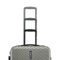 Silver 8-wheel carry-on suitcase with striped shell, upright handle, and front logo patch