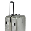 Silver 8-wheel carry-on suitcase with upright handle and side shell detailing