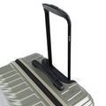Silver 8-wheel carry-on suitcase showing top handle and side carrying grip