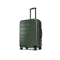 Green hard-shell check-in suitcase with telescopic handle and corner wheels