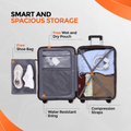 Open hard-shell luggage showing mesh pocket, compression straps, and wet/dry storage