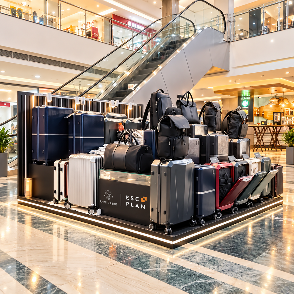 EscPlan pop-up store display at a shopping mall showcasing suitcases and bags