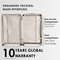 Beige hard-shell suitcase open, easy-access flap and dual compartment packing layout