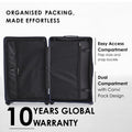 Dark hard-shell suitcase open, easy-access flap and dual Convi pack compartments