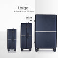 Set of dark blue hard-shell trolley luggage sizes with smooth spinner wheels