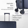 Hard-shell trolley luggage with dark blue body, telescopic handle and wheel rims