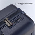 Dark blue hard-shell polycarbonate luggage, combination lock on side panel