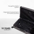 Hard-shell polycarbonate suitcase interior with organized compartments and straps