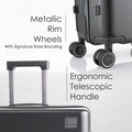 Hard-shell trolley luggage with telescopic handle and front panel detail on spinner wheels