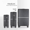 Black hard-shell polycarbonate luggage set with medium size; two smaller cases and roller wheels.