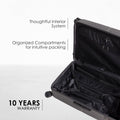 Black hard-shell polycarbonate suitcase interior with open compartments and zippered organizer.