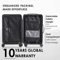 Dark hard-shell suitcase open with detachable toiletry hanger and dual compartment wet pouch