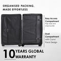 Dark hard-shell suitcase open showing easy-access compartment and dual Convi pack design