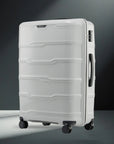 Large check-in trolley with 8 wheels, white hard-shell suitcase with vertical panel design