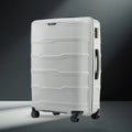 Large check-in trolley with 8 wheels, white hard-shell suitcase with vertical panel design