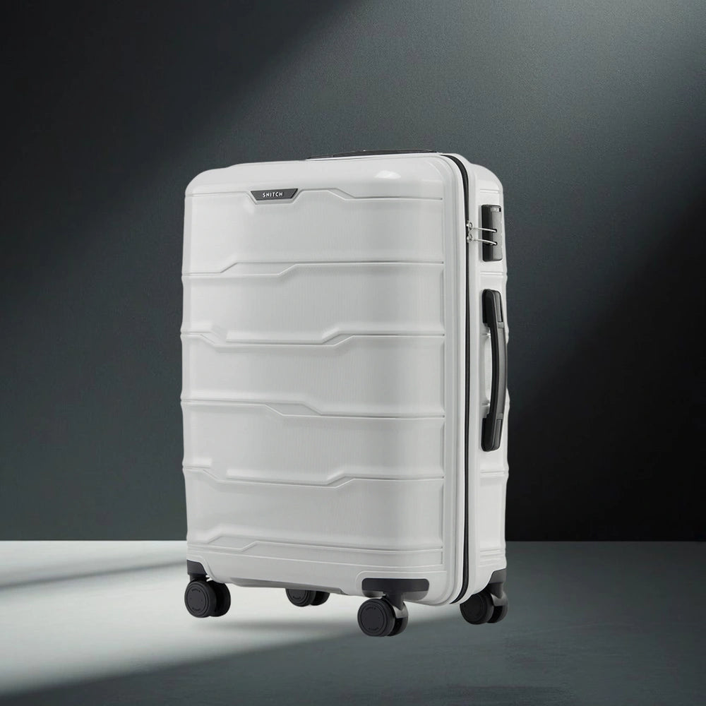Hard-shell polypropylene check-in trolley suitcase, white, with 8 wheels and side handle