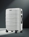 Hard-shell polypropylene check-in trolley suitcase, white, with 8 wheels and side handle