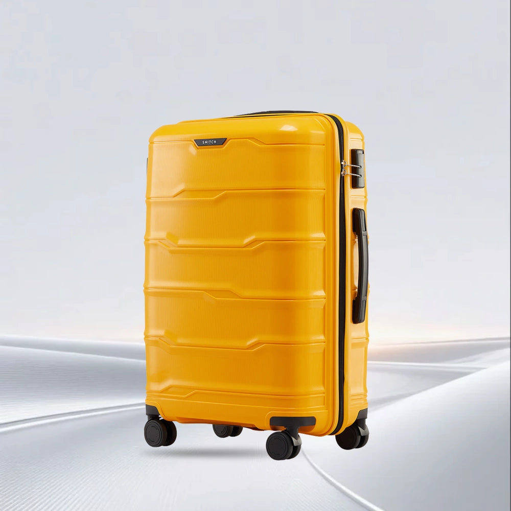 Hard-shell polypropylene check-in trolley suitcase, yellow, with 8 wheels and side handle