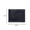 Black leather bi-fold wallet, front view with embossed logo and size markers