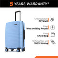 Small cabin suitcase, light blue PP shell, side view, 8 wheels and telescopic handle