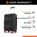 Small cabin suitcase with 8 wheels, black PP shell, telescopic handle, angled side view.