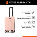 Small cabin suitcase, pink PP shell, front view, 8 wheels and telescopic handle