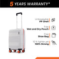 Small cabin suitcase with 8 wheels, white PP shell, black handle and orange wheel accents