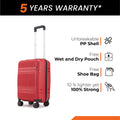 Small cabin suitcase with 8 wheels, red PP shell, telescopic handle, front view.