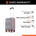 Small cabin suitcase with 8 wheels, grey PP shell, telescopic handle, front view.