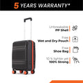 Small cabin suitcase with 8 wheels, black PP shell, telescopic handle, front view.