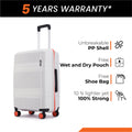 Small cabin suitcase with 8 wheels, white PP shell, telescopic handle, side view.